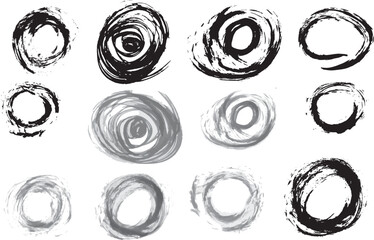 Hand-drawn circles. Monochrome vector rings. isolated design elements in grayscale. Grunge texture. Round print on a white background.