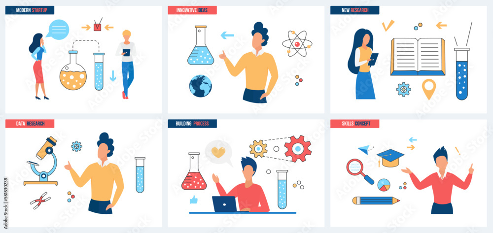 Poster innovative idea of modern science startup, process of skill development and data research set vector