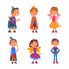 Cute kids in festive costumes. Funny boys and girls in magician, prince, fairy, superhero costume cartoon vector illustration