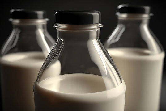 Three glass bottles of fresh organic milk on a black background. Created with Generative AI.