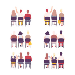 View from behind of sitting people set. Male and female students or lecture participants sitting on chairs in row cartoon vector illustration