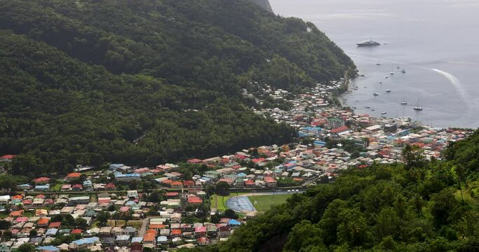 St Lucia Soufriere Caribbean valley fishing village street home. British Commonwealth Island. Pitons mountain valley. French were first Europeans to settle the island. Cruise shipvacation destination.