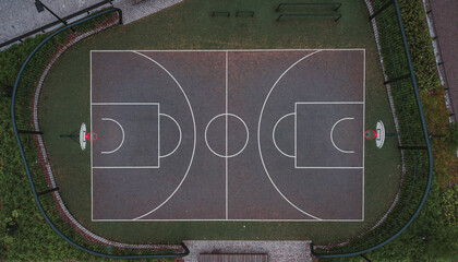 new basketball court shot from a drone - obrazy, fototapety, plakaty