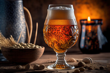 glass of beer on wooden table, Generative AI