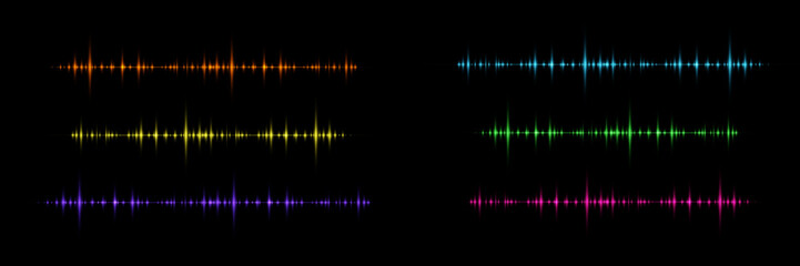 Sound waves. Music frequency, abstract electronic soundtrack. Energy vector set. Frequency sound track wave illustration, musical equalizer rainbow glows.