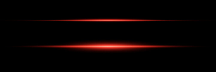 Red horizontal lens flares pack. Laser beams, horizontal light rays.Beautiful light flares. Glowing streaks on dark background.