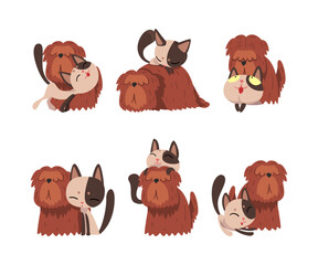 Cute dog and cat are best friends set. Funny pet animals sitting together cartoon vector illustration