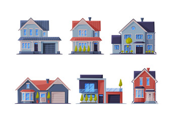 Houses set. Suburban and urban houses facades. Countryside cottages cartoon vector illustration
