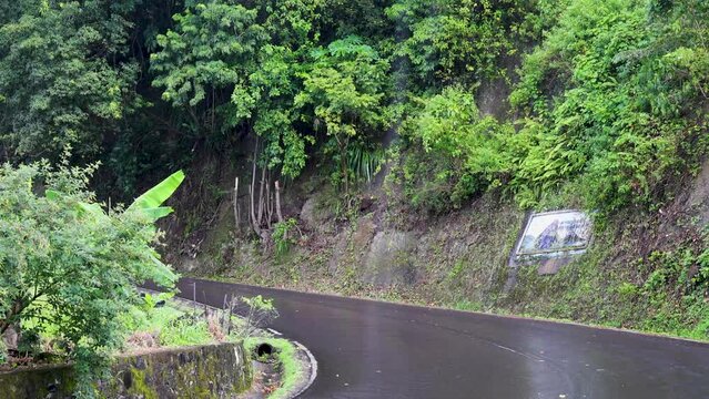 St Lucia Caribbean Piton mountain road rain. British Commonwealth Island in Caribbean Ocean. Views of Pitons near the valley. French were the first Europeans to settle the island. Cruise ship vacation