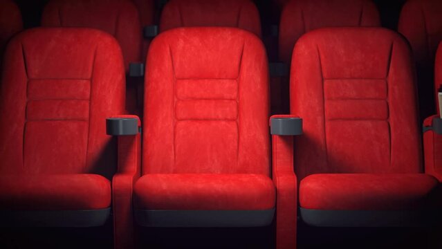Empty red cinema movie theater seats and paper coffee xcup. 3d video animation