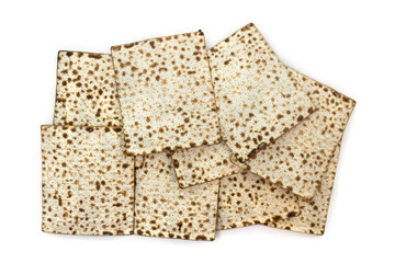 Matzo for passover celebration on a white background. Top view, flat lay