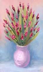 Oil painting. Iris flowers in a vase