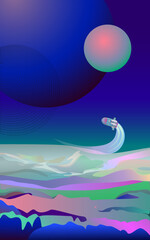Vector image, space landscape with a spaceship in neon colors