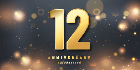 12th Year anniversary celebration background. 3D Golden number with Shiny Glitter lights In black dark night background.