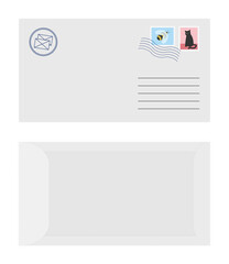 letter illustration isolated on white background, envelope front and back side 