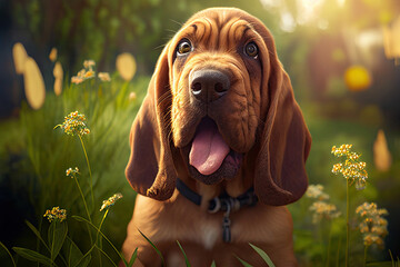 Bloodhound puppy playing in garden, cute dogs, Generative AI - obrazy, fototapety, plakaty