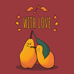 Two cartoon pears in love on a red background. For the design of postcards, congratulations, invitations. Vector
