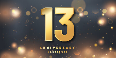13th Year anniversary celebration background. 3D Golden number with Shiny Glitter lights In black dark night background.