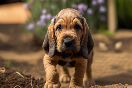 Bloodhound puppy playing in garden, cute dogs, Generative AI