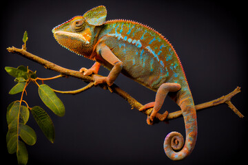 Fototapeta premium Green chameleon on branch. Generative AI.
