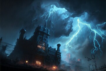 Cityscape with lightning in the night sky, steampunk style. AI digital illustration