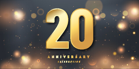 20th Year anniversary celebration background. 3D Golden number with Shiny Glitter lights In black dark night background.