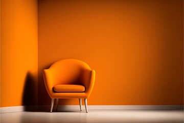 Orange armchair and empty orange wall in the background. AI digital illustration