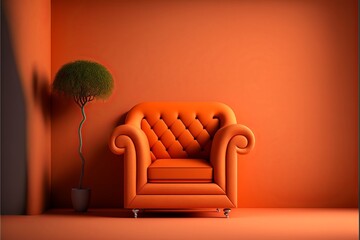Orange armchair and empty orange wall in the background. AI digital illustration