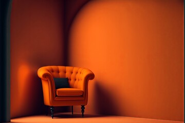 Orange armchair and empty orange wall in the background. AI digital illustration