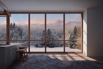 Luxury Winter Modern Interior with Winter Mountain Views in Snow Made with Generative AI
