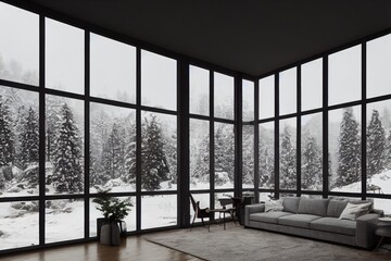 Beautiful Modern Showcase Interior with Large Windows with Winter Forest Snow Views Made with Generative AI