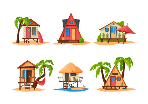 Beach wooden huts set. Bungalow hotel on exotic topical beach. Summer vacation and travel concept cartoon vector illustration