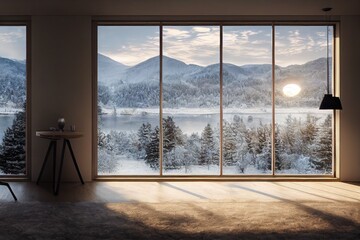 Obraz na płótnie Canvas Luxury Winter Modern Interior with Winter Mountain Views in Snow Made with Generative AI