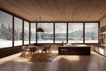 Luxury Winter Modern Kitchen Interior Showcase with Winter Snow Views Made with Generative AI
