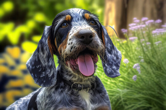 Bluetick Coonhound playing in the garden, happy puppy, cute dogs, Generative AI