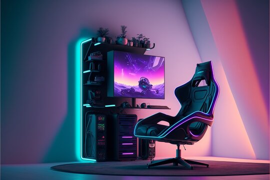 Illustration of futuristic gamer setup, computer and gamer chair, gradient background. AI