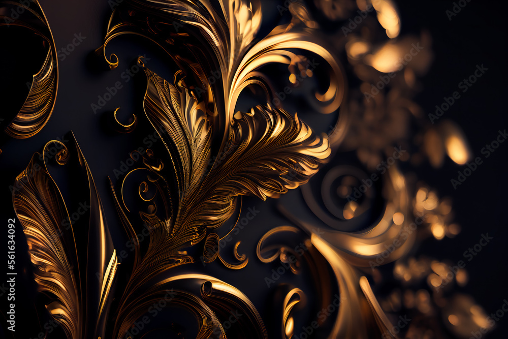 Wall mural luxurious golden, black floral background. generative ai.