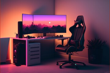 Illustration of gamer setup, computer and gamer chair, gradient background. AI