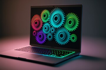 Fototapeta premium Gears on laptop screen, gradient background. AI digital illustration