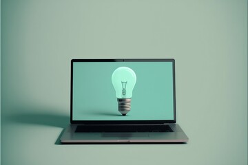 Light bulb on laptop screen, gradient background. AI digital illustration