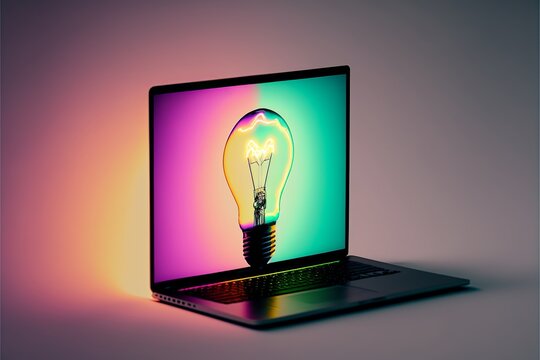 Light bulb on laptop screen, gradient background. AI digital illustration