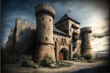 Fototapeta na wymiar Landscape with medieval castle with sky and clouds in the background. AI digital illustration