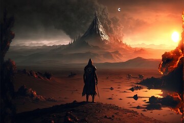 Warrior standing in the desert looking at mystical monument, landscape. AI digital illustration