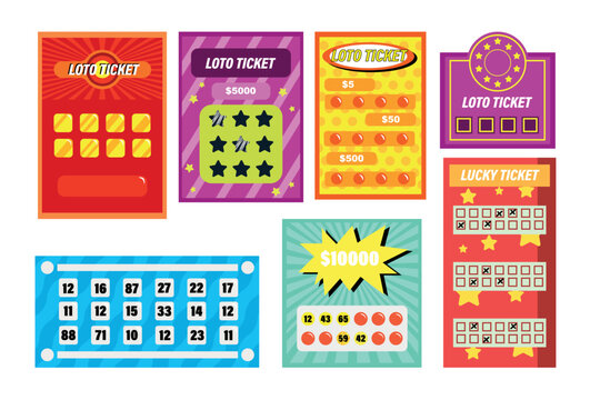 Set of beautiful lottery tickets in cartoon style. Vector illustration of entertaining lotteries with big winnings, various games, entertainment for adults, gambling on white background.