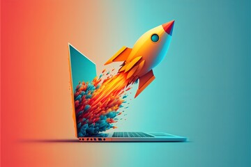 Rocket coming out of laptop screen, gradient minimalist style. AI digital illustration