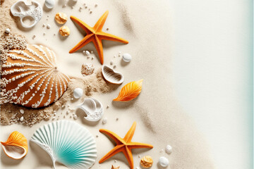 Fototapeta na wymiar beautiful shells, corals, and starfish on pure white sand - summer concept 