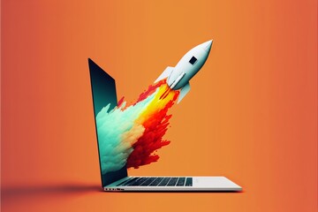 Rocket coming out of laptop screen, gradient minimalist style. AI digital illustration