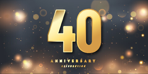 40th Year anniversary celebration background. 3D Golden number with Shiny Glitter lights In black dark night background.