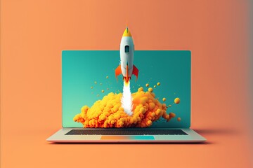 Rocket coming out of laptop screen, gradient minimalist style. AI digital illustration