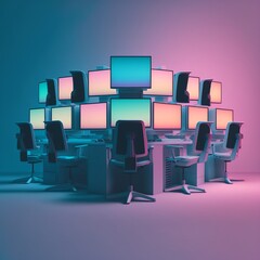 Fototapeta premium Room full of computer monitors and chair, gradient background. AI digital illustration